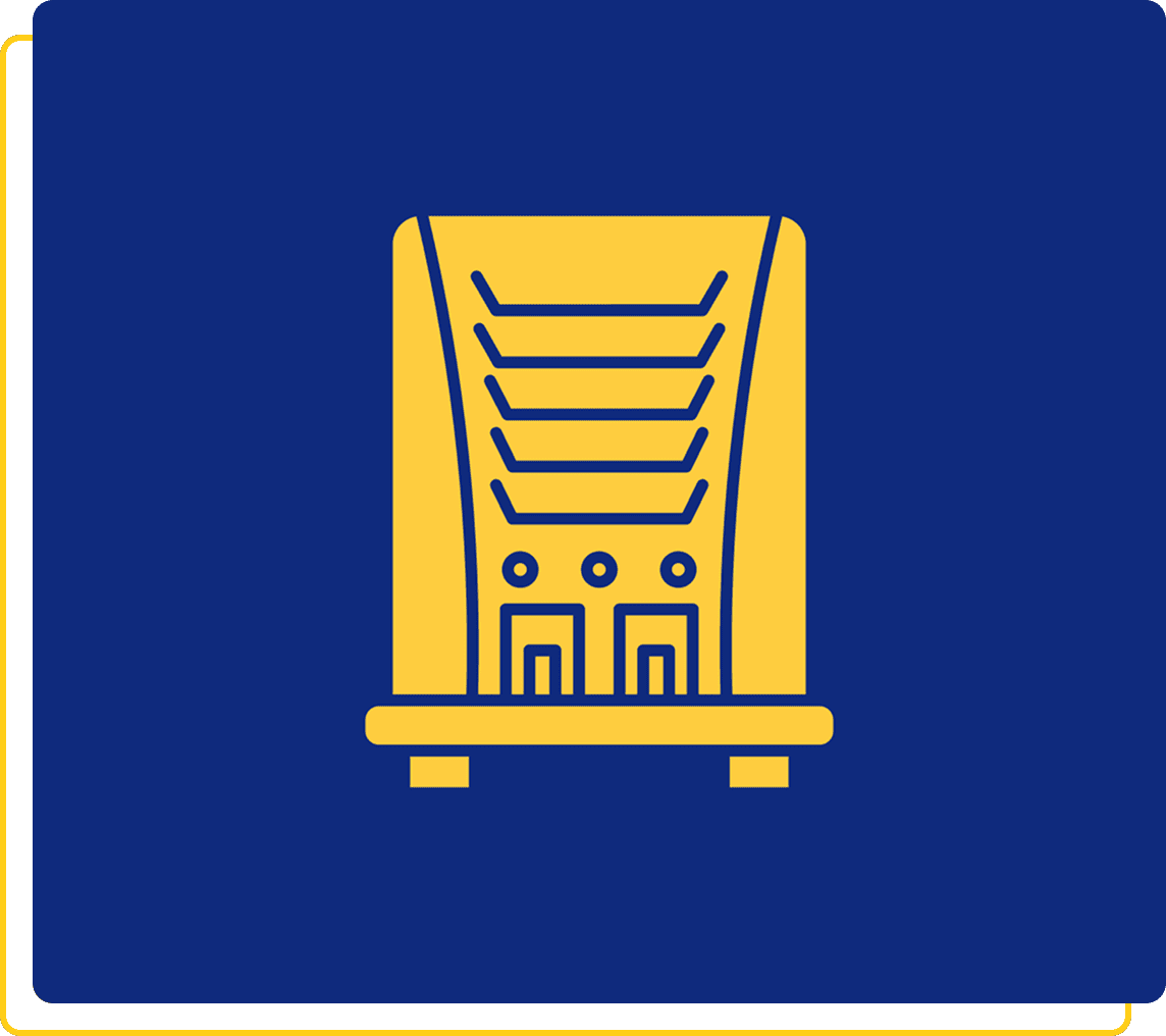 Yellow building icon on blue background.