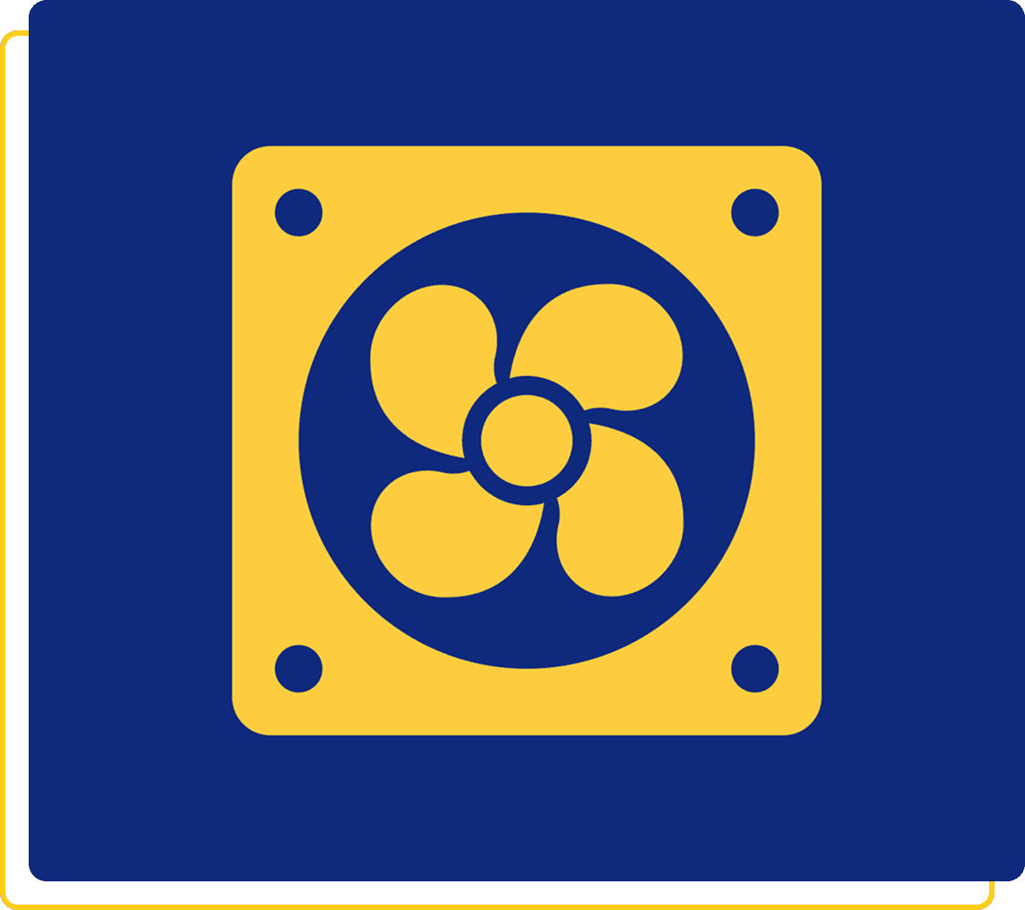 Yellow fan icon on blue background.
