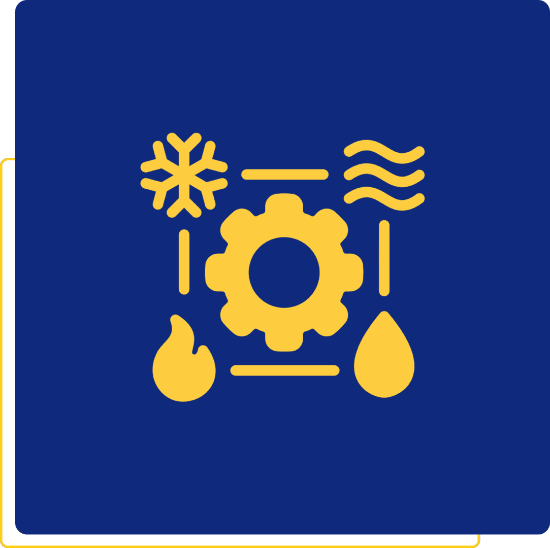 Gear with water, fire, snow, wind symbols.
