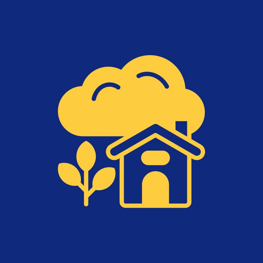 Yellow house and cloud icon on blue.