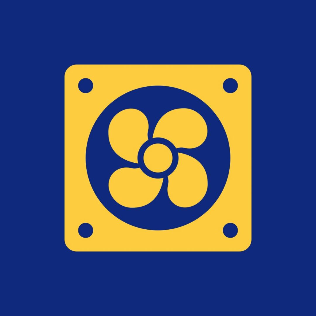 Yellow fan icon on blue background.