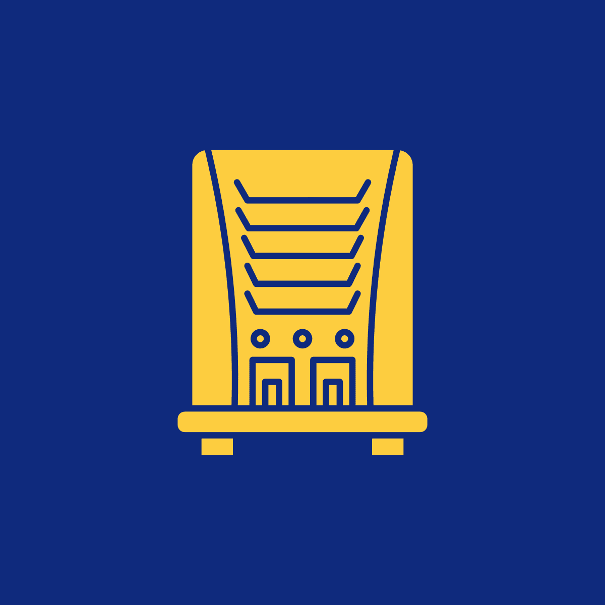Yellow building icon on blue background.