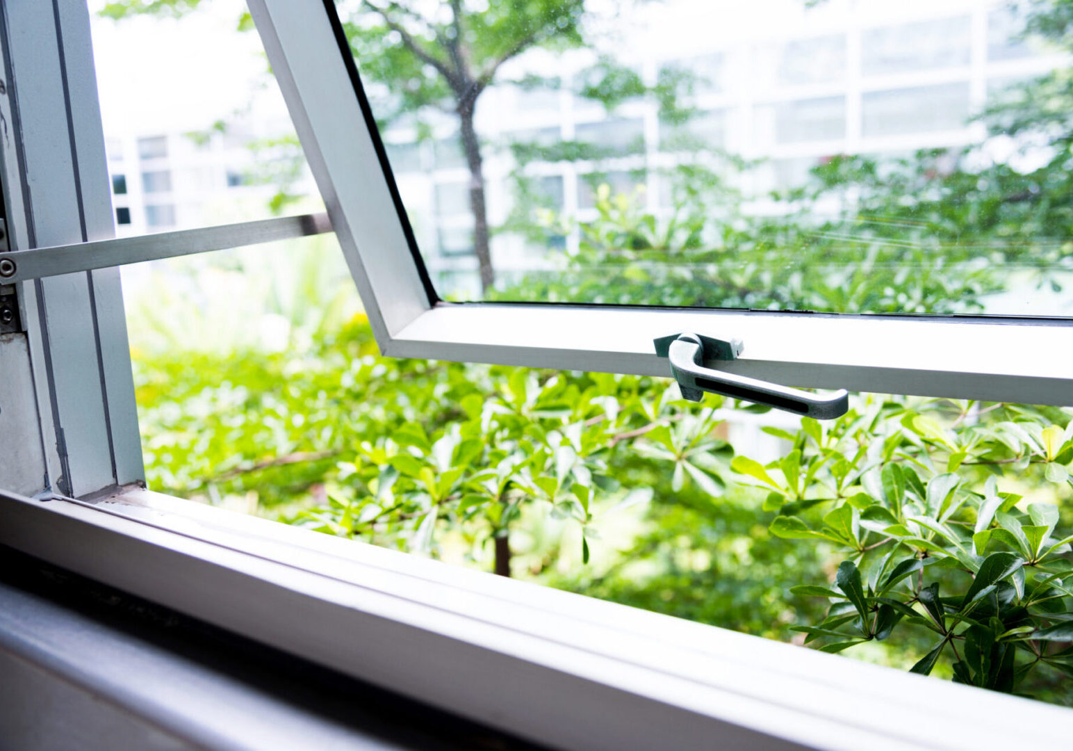 Open window with lush greenery outside.
